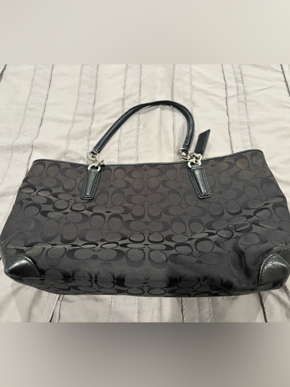 Coach Black Signature Jacquard Tote with Leather Trim